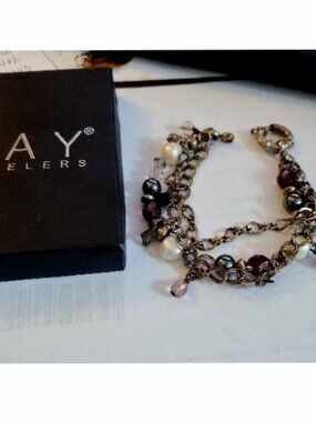 925 Sterling 3 Strand Hematite Pearls Colored Crystal Beads Toggle Bracelet
